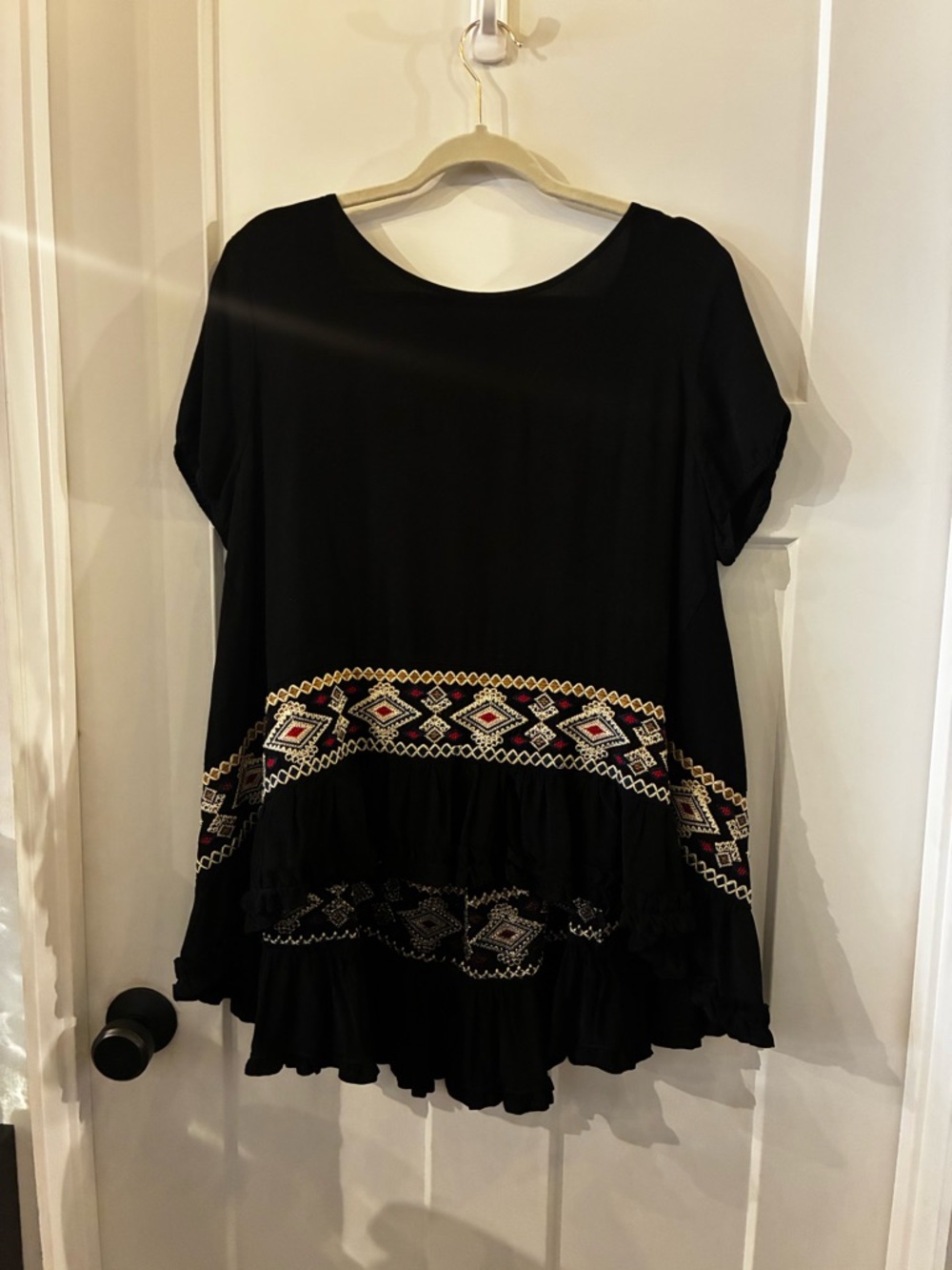 Black Embroidered Ruffle-Hem Women's Top